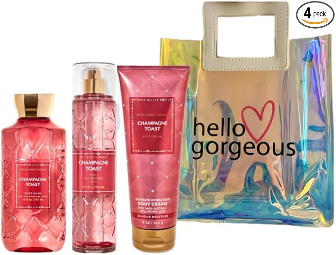 Bath & Body Works - 3 Piece Bundle - Spray - Body Cream - Shower Gel - Full Size and Gift Bag HELLO GORGEOUS (Champagne Toast)-Velvo Beauty