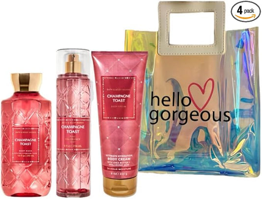 Bath & Body Works - 3 Piece Bundle - Spray - Body Cream - Shower Gel - Full Size and Gift Bag HELLO GORGEOUS (Champagne Toast)-Velvo Beauty