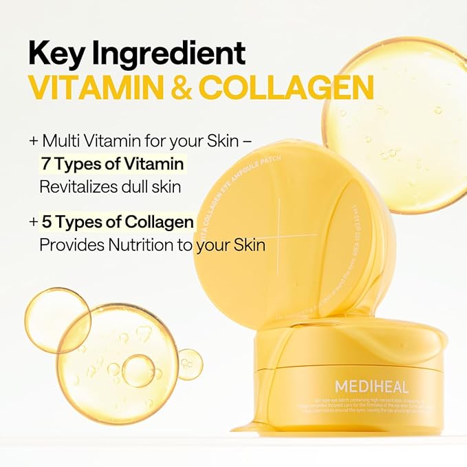 Mediheal Vita Collagen Under Eye Patches for - Korean Hydrogel Eye Pads (60 patches) with 7 Vitamin & 5 Micro Collagen. Moisturizng & Non Irritating Eye Gel Mask. Sealing Cap Included.-Velvo Beauty