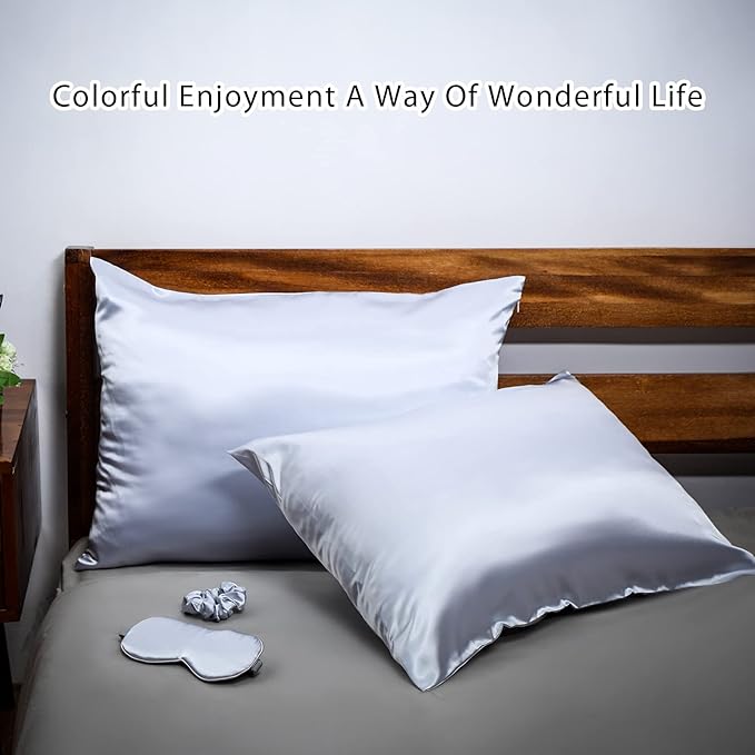 2 Pack Satin Pillowcase with Latent Zipper, Adjustable Satin Eye Mask for Sleeping and Satin Volume Scrunchie for Hair and Skin, Standard Size (Silver,Classic Style)-Velvo Beauty