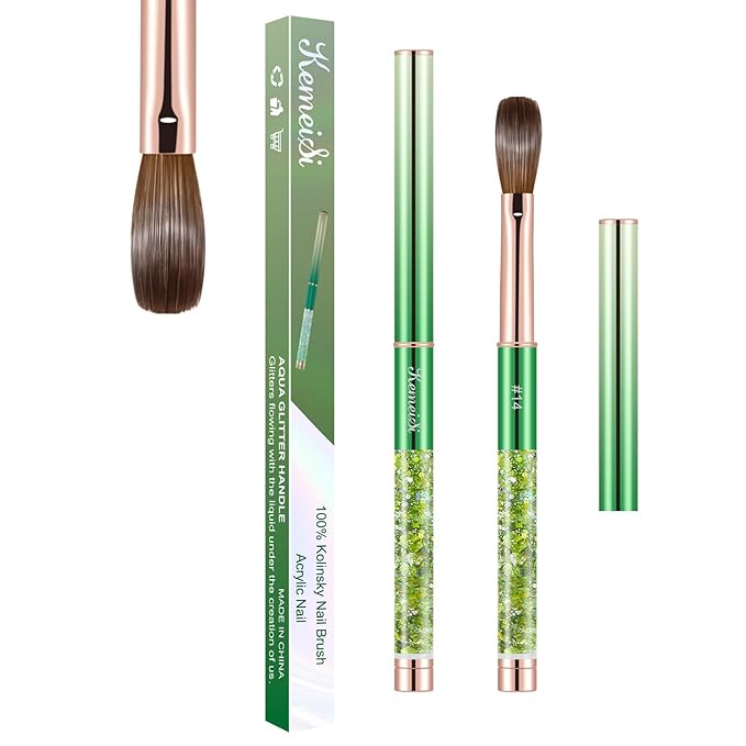 Acrylic Nail Brush Size #14, KEMEISI 100% Pure Kolinsky Nail Art Brushes Sturdy Handle Oval Shaped Acrylic Powder Nail Design Tools for Professional Manicure DIY Home Salon (Green)-Velvo Beauty