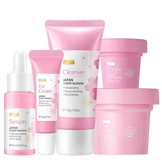 Sakura Skin Care Set, Face Care Sets for Women, 5Pcs Face Moisturizer Set Include Sakura Cream, Sakura Cleanser, Sakura Serum, Sakura Eye Cream, Sakura Mud Mask, Skin Care Gift Set for Teen Girls-Velvo Beauty