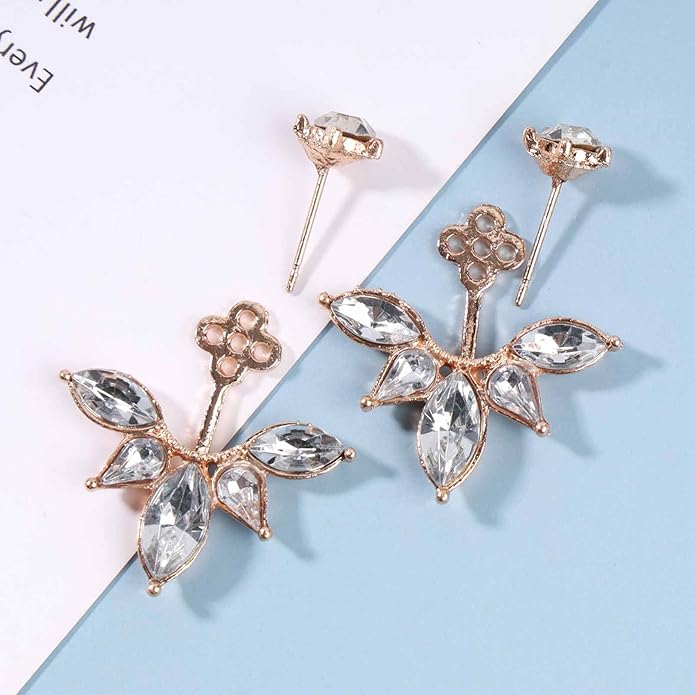 Boho Crystal Lotus Jackets Earrings Gold Crystal Studs Earrings Sparkle Rhinestone Ear Jackets Earrings CZ Ear Climber Earrings Wedding Earrings Jewelry for Women and Girls-Velvo Beauty