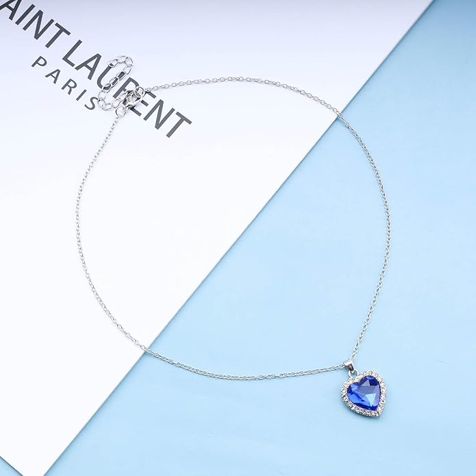 Vintage Crystal Sapphire Necklace Rhinestone Heart Sapphire Pendant Necklace Blue Sapphire Choker Necklace Silver Cz Heart Necklace Jewelry for Women-Velvo Beauty