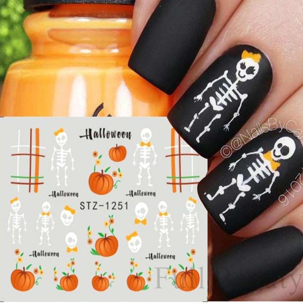 Halloween Nail Art Stickers Water Transfer Nail Decals 12Pcs Halloween Pumpkin Skeleton Spider Ghost Maple Leaf Designer Slider Nail Foils Fall Watermark Decals for Nail Manicure Accessories for Women-Velvo Beauty