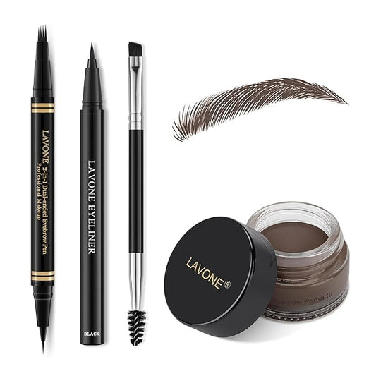 Eyebrow Pen Makeup Kit, with 4 Tip Waterproof Microblading Eyebrow Pencil, Eyeliner, Eyebrow Pomade and Dual-ended Eyebrow Brush, Brow Pencil Eyebrow Kit for Natural Looking - Black Brown-Velvo Beauty