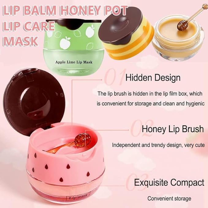 3PCS Bee Lip Balm Honey Pot,Honey&Apple Lime Lip Mask Overnight Moisturizing Lip Balm,Hydrating Prevention Dry and Cracked Reduces Lip Lines Lip Sleeping Mask (Honey+Strawberry+Apple Lime)-Velvo Beauty