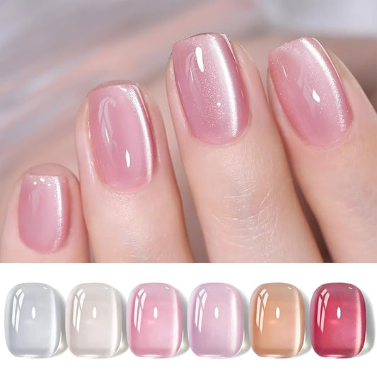 Born Pretty Magnetic Gel Nail Polish Water Light Cat Magnetic Eye Jelly Pink Glass Crystal Gel Polish Glitter Shimmer Auroras Nail Polish LED Nail Art Manicure Kit 6PCS-Velvo Beauty