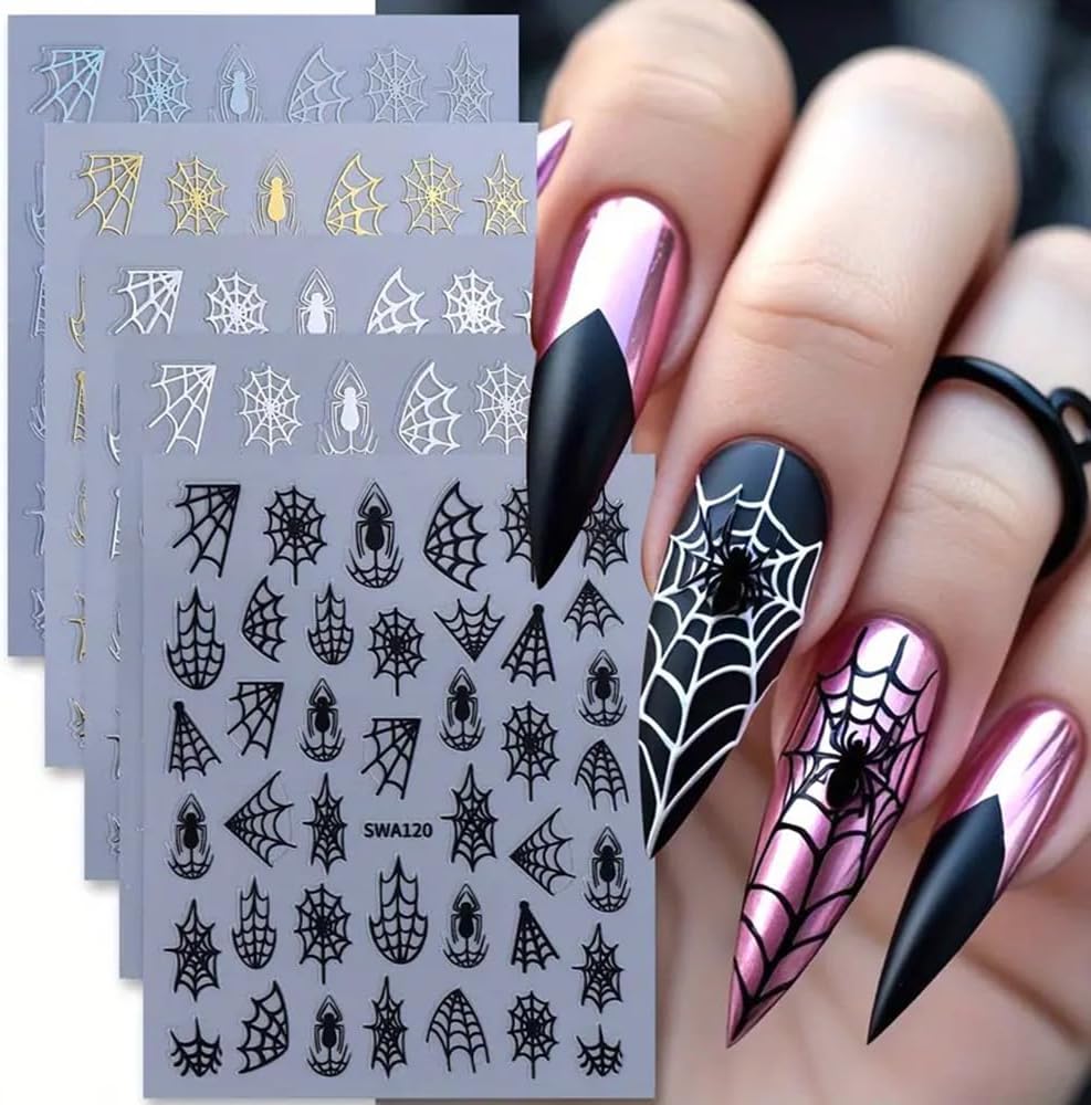 5 Sheets Halloween Spider Web Nail Stickers for Nail Art 3D Self-Adhesive Spider Web Nail Art Stickers White Black Silver Laser Gold Spider Nail Decals Holiday Nail Design Supplies for Women-Velvo Beauty