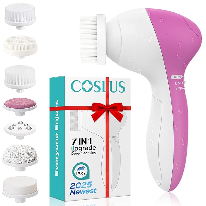 COSLUS Facial Cleansing Brush Silicone Face Scrubber: 7 in 1 FBS-D Electric Exfoliating Rotating Massage Device Waterproof Deep Cleaning Exfoliation Spa Machine - Electronic Skin Care Wash System-Velvo Beauty