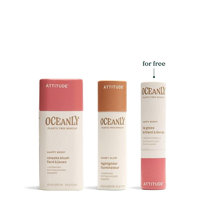 ATTITUDE Happy Berry Makeup Trio Set, EWG Verified, Titanium Dioxide-Free, Plastic-free, Plant and Mineral-Based Ingredients, Vegan and Cruelty-free Beauty Products, Set of 3 Makeup Sticks-Velvo Beauty
