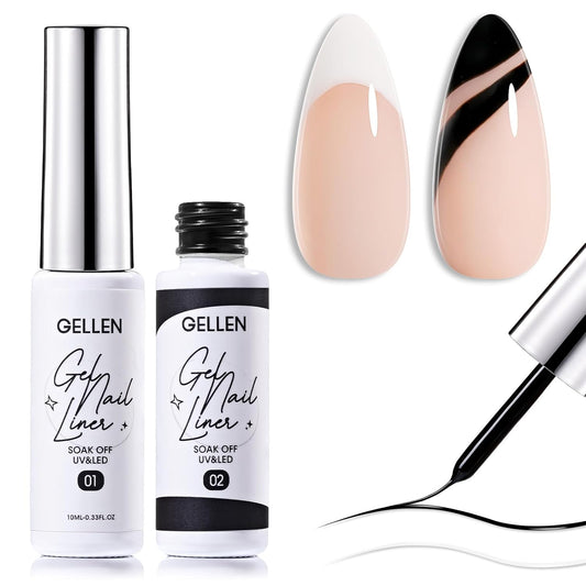 GELLEN 2 Pcs 10ml Black White Liner Gel Nail Polish, Classic Soak off Nail Lamp Nail Art Paint Gel with Thin Nail Art Brush for Euphoria Nail French Manicure-Velvo Beauty