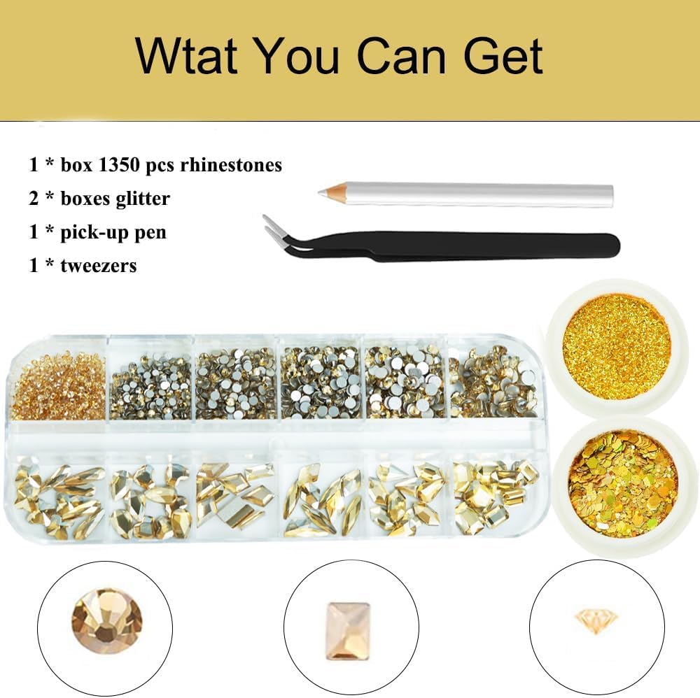 3 Boxes Champagne Gold Nail Rhinestones with Fine Glitters Kit, 60Pcs Big Glass Nail Gems with S6-S16 Flatback Round Stones,Crystals Nail Gem Stones for Faces Body DIY Crafts-Velvo Beauty