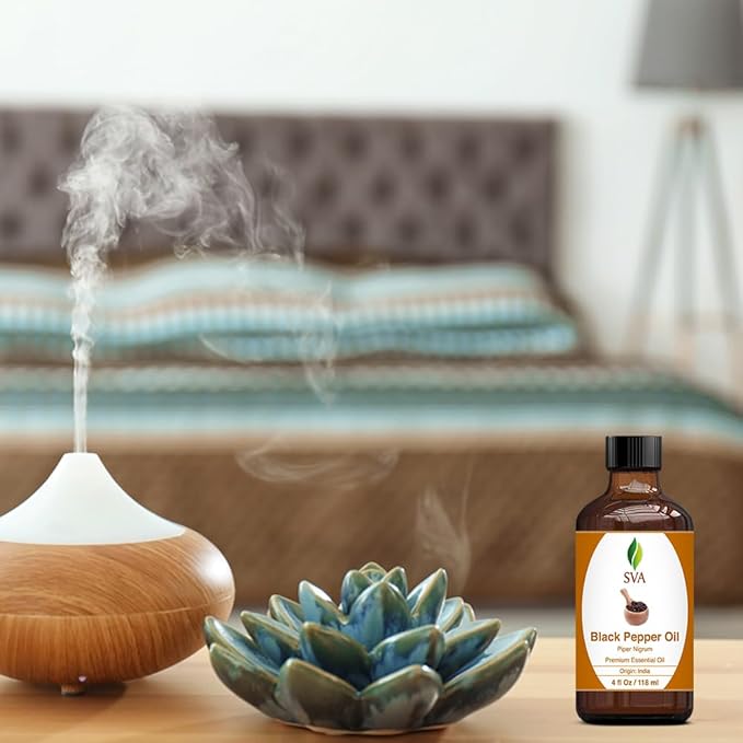SVA Black Pepper Essential Oil – 4 Fl Oz – 100% Natural Black Pepper Oil - for Diffuser, Hair Care, Face, Skin Care, Aromatherapy, Scalp and Body Massage, Soap and Candle Making – with Dropper-Velvo Beauty