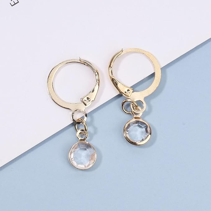Round Bezel Dangle Earrings Gold Crystal Quartz Earrings Faceted Gemstone Earrings Tiny Circular Leverback Earrings Jewelry for Women and Girls-Velvo Beauty
