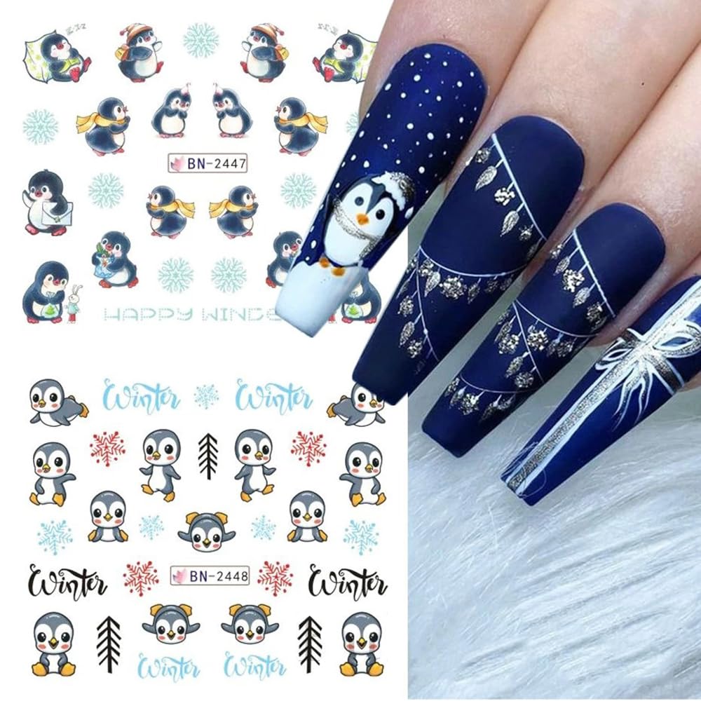Snowflake Nail Art Stickers Decals Christmas Decorations - 12 Sheets Winter Snowman Elk Penguin Bear Design Water Transfer Slider Foils Supplies for Women DIY Acrylic-Velvo Beauty