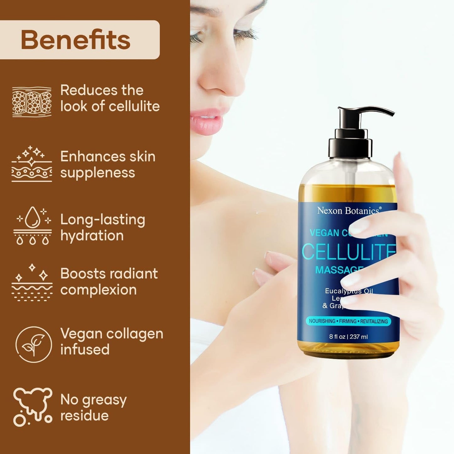 Anti-Cellulite Massage Oil for Massage Therapy 8 fl oz - Refreshing and Relaxing - Natural Oils with Vegan Collagen and Stem Cells - for Men and Women - Nexon Botanics-Velvo Beauty