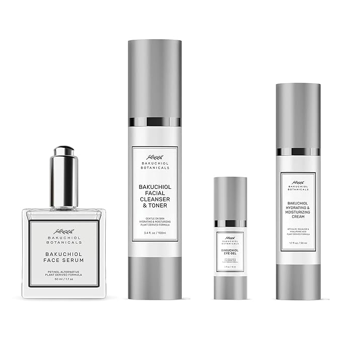 Bakuchol Botanicals Gift Set with Travel Case, Includes Face Serum, Toner & Cleanser All-in-One, Eye Cream, Moisturizer-Velvo Beauty
