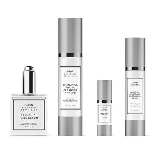 Bakuchol Botanicals Gift Set with Travel Case, Includes Face Serum, Toner & Cleanser All-in-One, Eye Cream, Moisturizer-Velvo Beauty