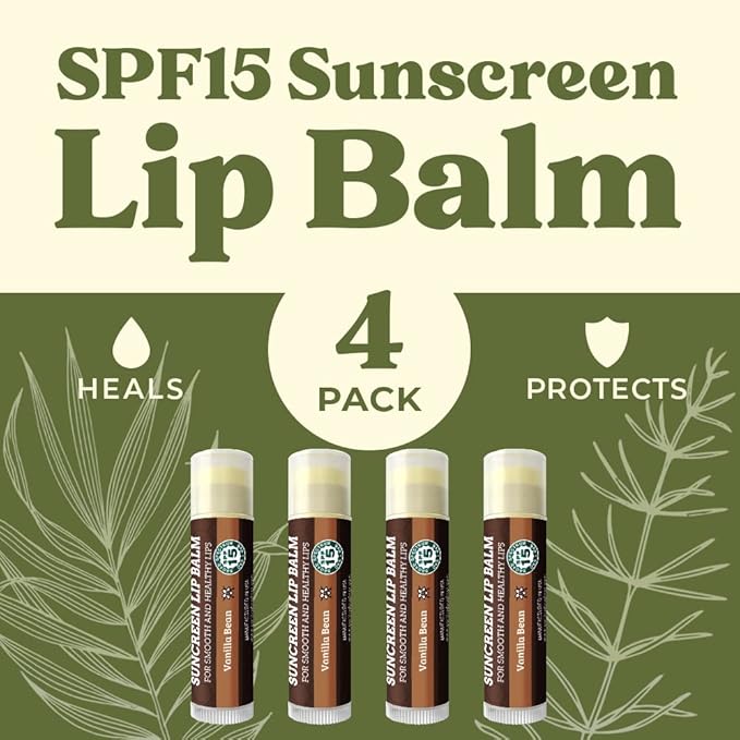 SPF Lip Balm 4-Pack by Earth's Daughter - Lip Sunscreen, SPF 15, Organic Ingredients, Vanilla Flavor, Beeswax, Coconut Oil, Vitamin E - Hypoallergenic, Paraben Free, Gluten Free-Velvo Beauty