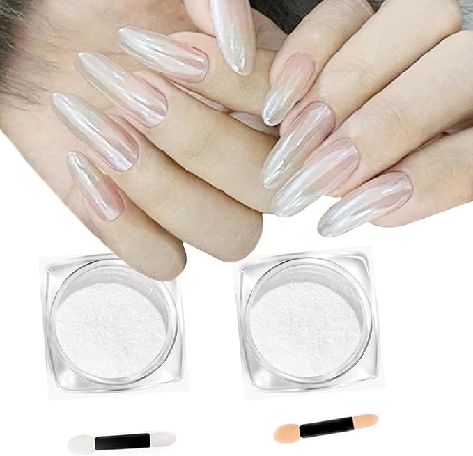 2Pcs Pearl Chrome Nail Powder - Ice Transparent Aurora, White Chameleon Iridescent Pigment for Nails - High Gloss Pearlescent Glitter (2pc White)-Velvo Beauty