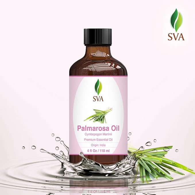 SVA Palmarosa Essential Oil – 4 Fl Oz – 100% Natural Palmarosa Oil - for Diffuser, Hair Care, Face, Skin Care, Aromatherapy, Scalp and Body Massage, Soap and Candle Making – with Dropper-Velvo Beauty