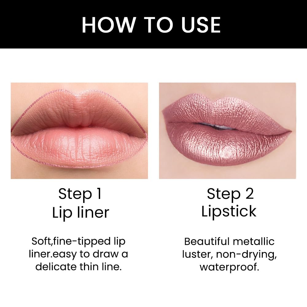 Kaely 2-in-1 Rose Nude Pink Metallic Shine Shimmer Lip Liner & Lipstick Combo Set Kit for Women, Lightweight Hydrating Formula High Impact Full Coverage Lipstick and Lip Liner Makeup Gloss 17-Velvo Beauty