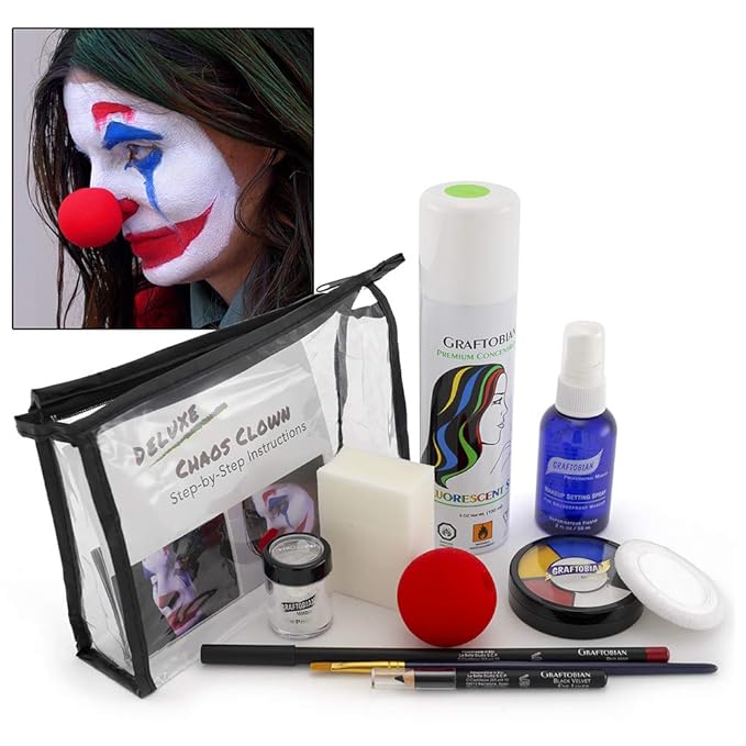 Graftobian Chaos Clown Makeup Kit - Complete 11 Piece Set for Joker Jester or Clown Halloween Costume - Full Color Instructions (Deluxe)-Velvo Beauty