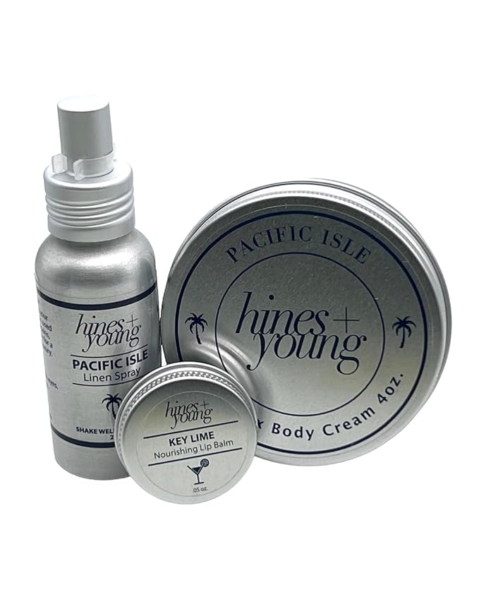 Hines+Young Travel Tins Gift Set - 4 oz Body Cream, 2 oz Linen Spray, Natural Lip Balm - Skin Care and Refreshing Home Fragrance, Ideal Self-Care Gift Set (Pack of 3, Pacific Isle)-Velvo Beauty