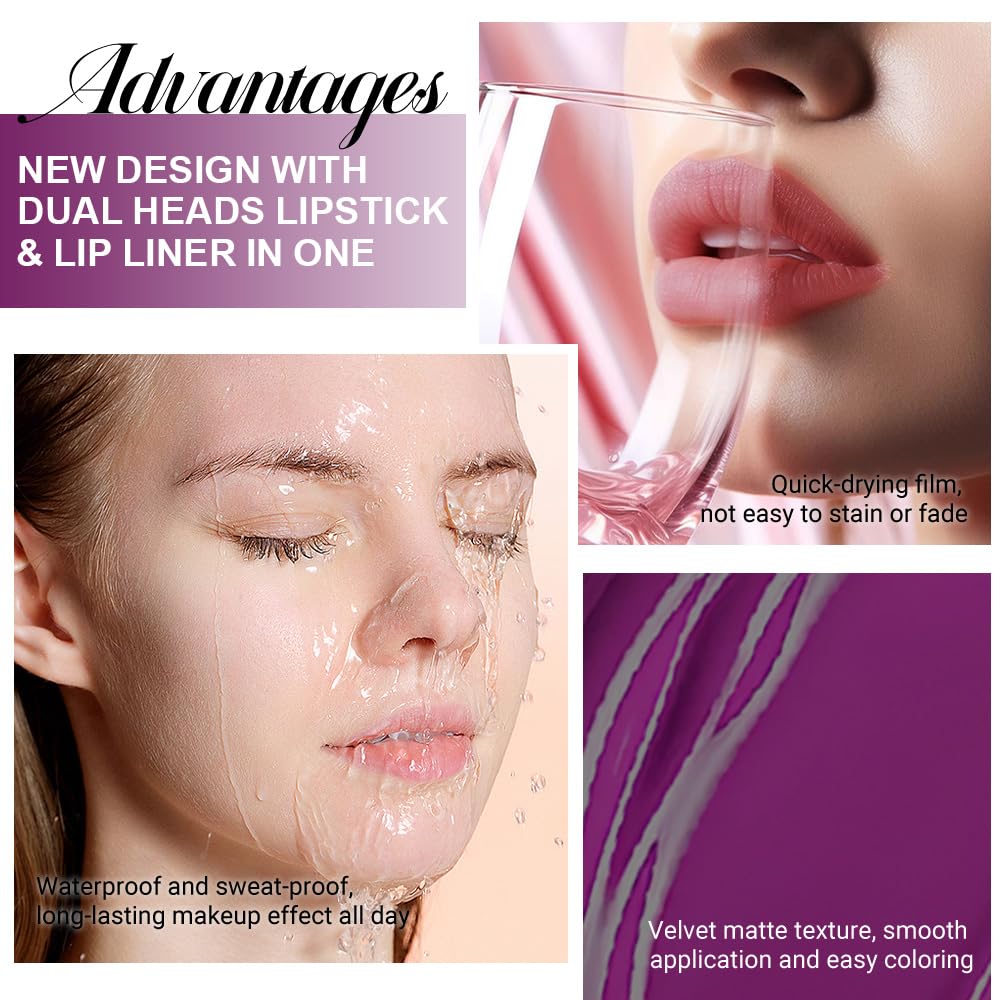 evpct 1Pcs Purple Matte Lip Liner & Liquid Lipstick Stain Makeup Set for Women, Purple Lip Liner Stain Long Lasting Waterproof Smudge Proof, Cruelty Free Lip Stick Makeup 24 hours originales, 52-Velvo Beauty