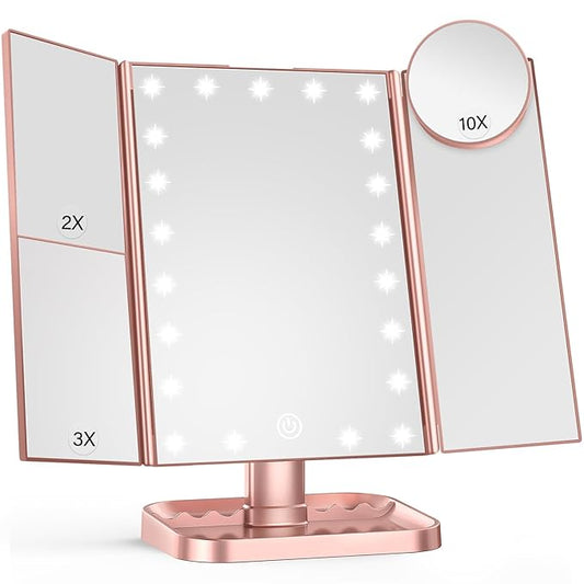 HUONUL Makeup Mirror, 10X 3X 2X Magnification, Lighted Makeup Mirror, Touch Control, Dual Power Supply, Portable LED Mirror, Women Gift (Rose Gold)-Velvo Beauty