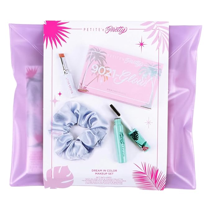 Petite ’N Pretty Dream in Color Makeup Set for Kids, Teens, Tweens - 3-in-1 Eye & Cheek Palette (Blush, Eyeshadow, Highlighter) with Brush, Lip Gloss Balm, Feather Stretch Mascara & Satin Scrunchie-Velvo Beauty