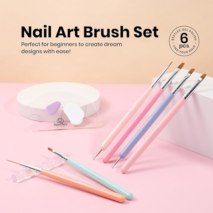 Beetles Nail Art Brushes, 6pcs Nail Art Tool Set, Nail Double-headed Dotting Tools, Striping Nail Art Brushes for Long/Short Lines, Nail Drawing Pen with Nail Brush Holder&Palette For Nail Design-Velvo Beauty