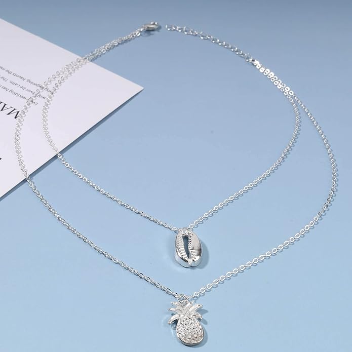 Boho Layered Shell Pineapple Choker Necklace Silver Seashell Pendant Necklace Vintage Cowrie Shell Necklace Beach Charm Necklace Jewelry for Women Gifts-Velvo Beauty