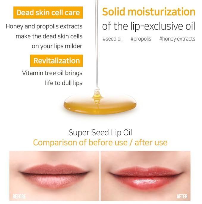 PETITFEE Lip Oil Super Seed | 0.10 Oz | Glass Lip, Healthy Lip Care, Moisturizing Lip Oil with Honey, Propolis, Herbal Oil, Glowy, Revitalizing, Calming Lip, Non-sticky, Non-artificial Colors-Velvo Beauty