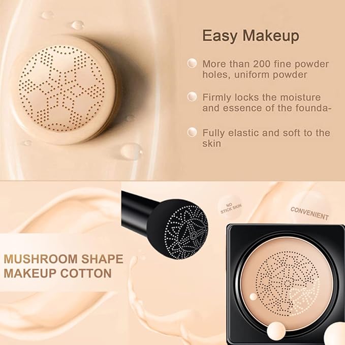 Air Cushion CC Cream Mushroom Head Foundation Air Cushion BB Cream Concealer Moisturizing Brighten Makeup Long Lasting Waterproof-Natural 1Pack-Velvo Beauty