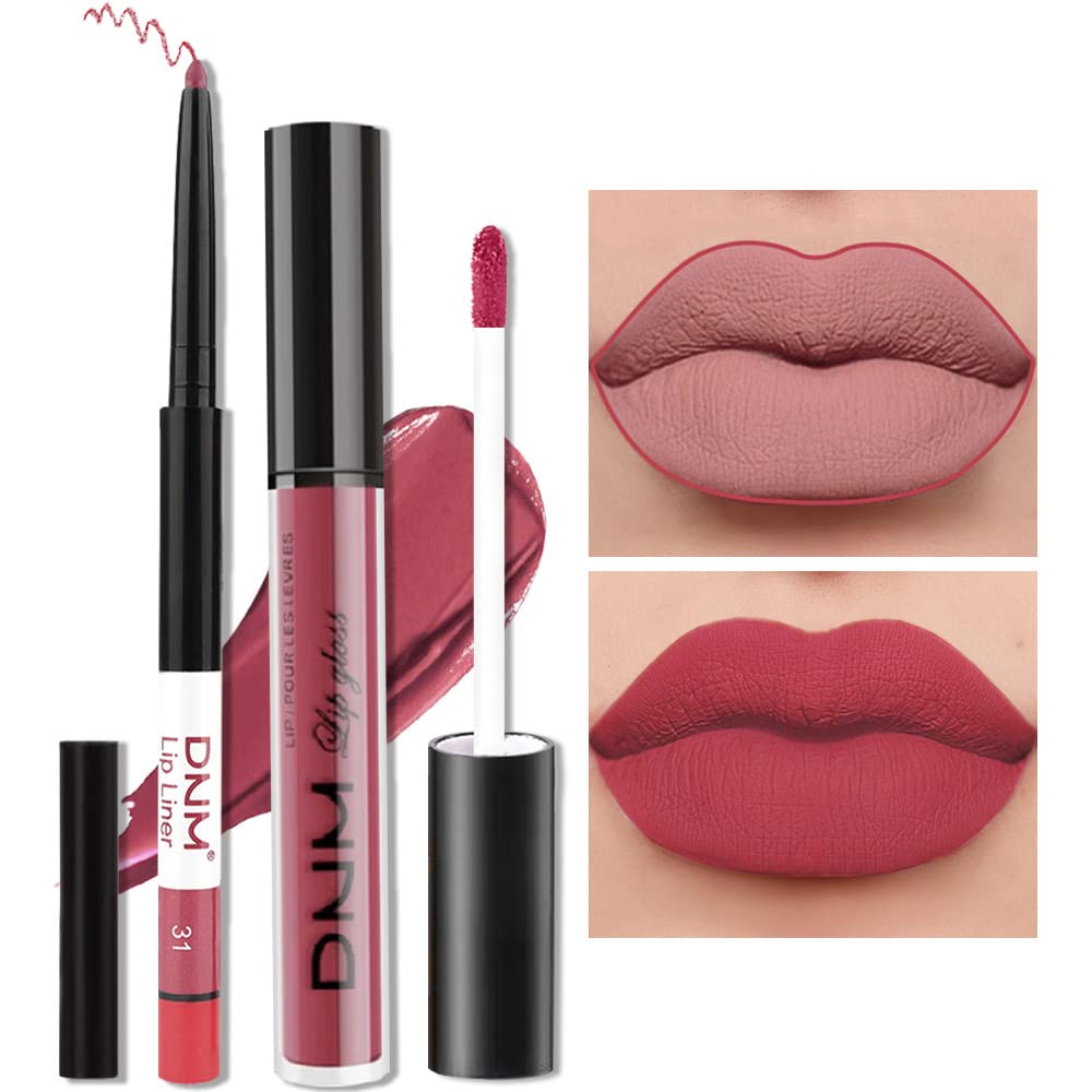 evpct 2Pcs Rose Red Pink Mauve Neutral Color Lip Liner and Matte Lipstick Makeup Sets Vegan Lipstick Lip Liner and Gloss Set Lip Stain Long Lasting Waterproof 24 31#-Velvo Beauty