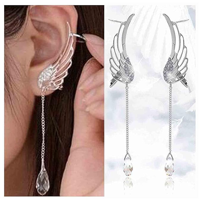 Boho Rhinestone Wing Ear Climbers Earrings Silver Crystal Drop Earring Chain Dangle Earrings Angel Wing Wrap Earrings Jewelry for Women and Girls Gifts-Velvo Beauty