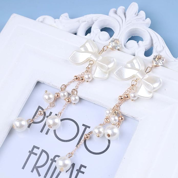 Vintage Crystal Pearl Drop Earrings Pearl Bow Dangle Earrings Long Pearl Tassel Chain Earrings Cz Bow Stud Earrings Jewelry for Women-Velvo Beauty