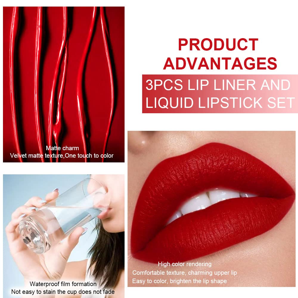 evpct 3Pcs Ruby Bright Dark Red Lip Stain Paint Matte Lip Liner and Liquid Lipstick Set for Women Long Lasting, labiales mate larga duracion listip 24 hours a prueba de agua mate 24 horas originales-Velvo Beauty