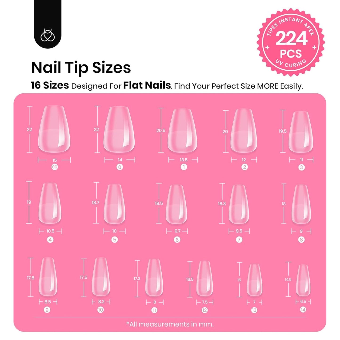Beetles Tipex Gel Nail Kit Short Coffin Instant Apex Nail Tips, 224 Pcs 16 Sizes Pre-Building Pre-Etched False Nail Tips with Tipex Uv Nail Glue,Mini Nail Lamp-Thick Acrylic Nail Set-Velvo Beauty