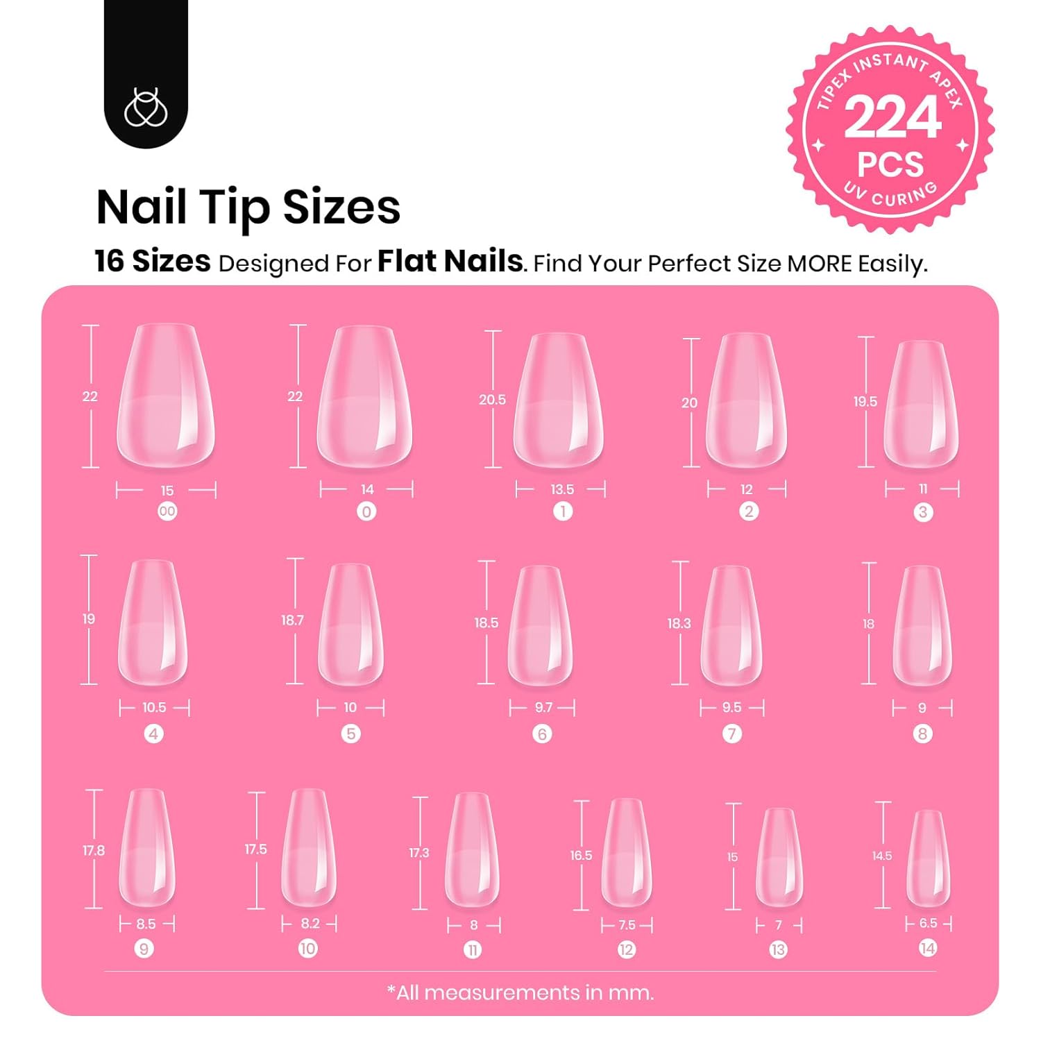 Beetles Tipex Gel Nail Kit Short Coffin Instant Apex Nail Tips, 224 Pcs 16 Sizes Pre-Building Pre-Etched False Nail Tips with Tipex Uv Nail Glue,Mini Nail Lamp-Thick Acrylic Nail Set-Velvo Beauty