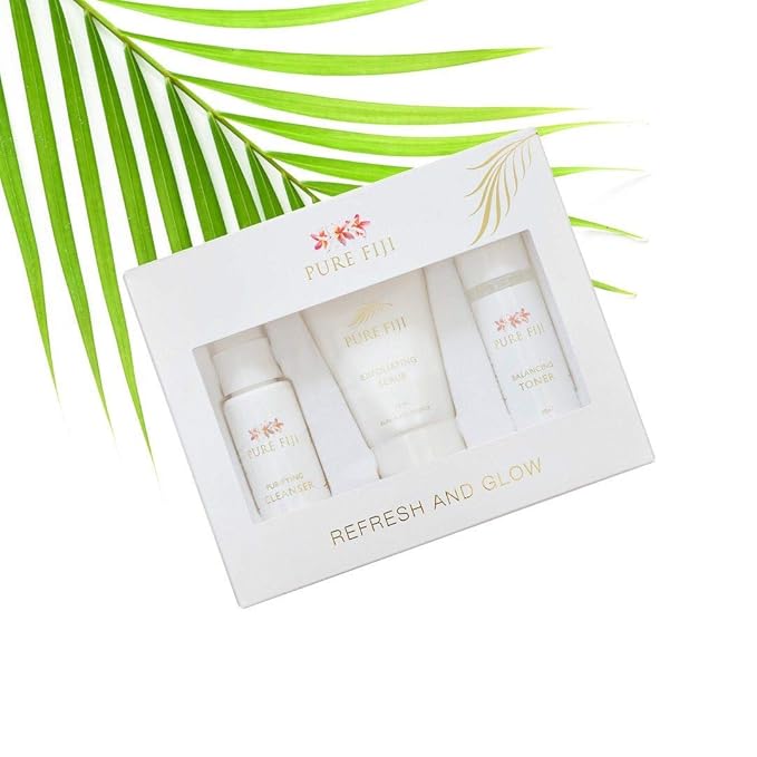 Pure Fiji Refresh and Glow - Facial Travel Kit - Sulphate-Free Purifying Cleanser (30 ml), Balancing Alcohol-Free Toner (30 ml), Fruit Enzyme Exfoliating Scrub (30 ml)-Velvo Beauty