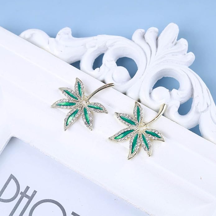 Vintage Emerald Pot Leaf Earrings Green Leaf Drop Earrings Green Marijuana Leaf Earrings Gold Cz Leaf Dangle Earrings Jewelry for Women-Velvo Beauty