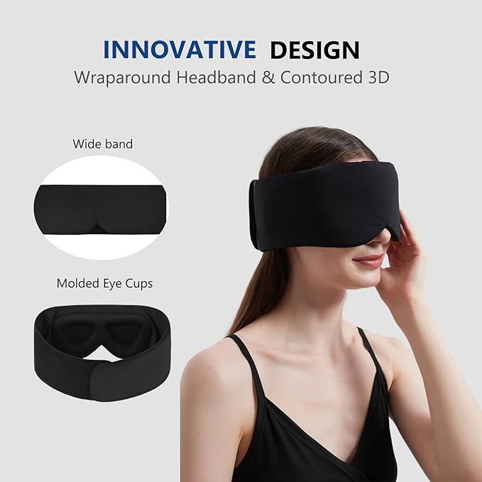 Sleep Mask ALASKA BEAR Wraparound Cool for Sensitive Sleeper Side or Back, Women and Men, Adjustable Headband Eye Mask and Earmuff Blindfold for Full Blackout, Upgraded w/o Buckles-Velvo Beauty