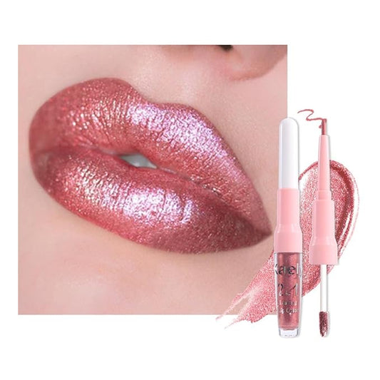 evpct Pine Red Metallic Glitter Lip Liner and Lipstick Combo Lip Gloss Stain Set Makeup for Women Long Lasting Waterproof 24, Warm Pink Metallic Shimmer Frosted Iridescent Shiny Liquid Lipstick 09-Velvo Beauty