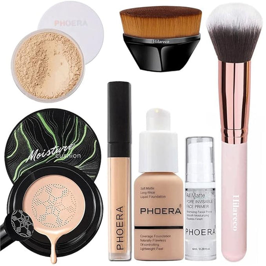PHOERA Foundation Full Coverage Makeup, Mushroom Head Air Cushion CC Cream Natural Foundation Set,PHOERA Concealer, PHOERA Primer, PHOERA Powder, Foundation Brushes (103 Warm Peach+ 03 Warm Nude CC)-Velvo Beauty