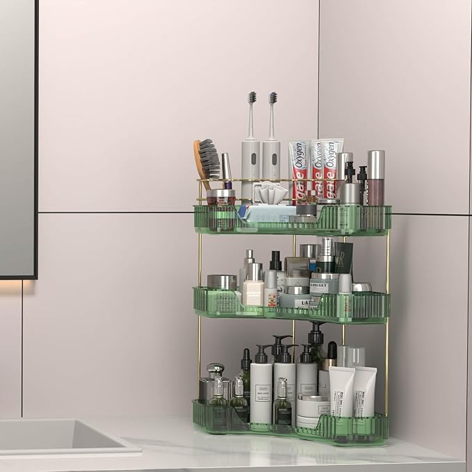 3 Tier Corner Bathroom Organizer Countertop, Vanity Makeup Organizer with Brush Holder, Space-Saving Skincare Storage Corner Shelf for Bathroom, Dressing Table, Kitchen-Velvo Beauty