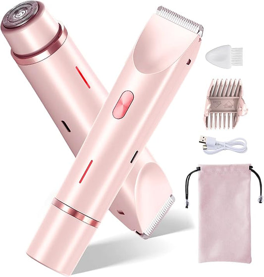 Bikini Trimmer for Women, 2 in 1 Dual-Head Electric Razors for Women Pubic Hair, Waterproof Wet/Dry Use Body Hair Trimmer Face Shaver, Rechargeable Hair Removal for Bikini Legs Face Underarm Arm Back-Velvo Beauty