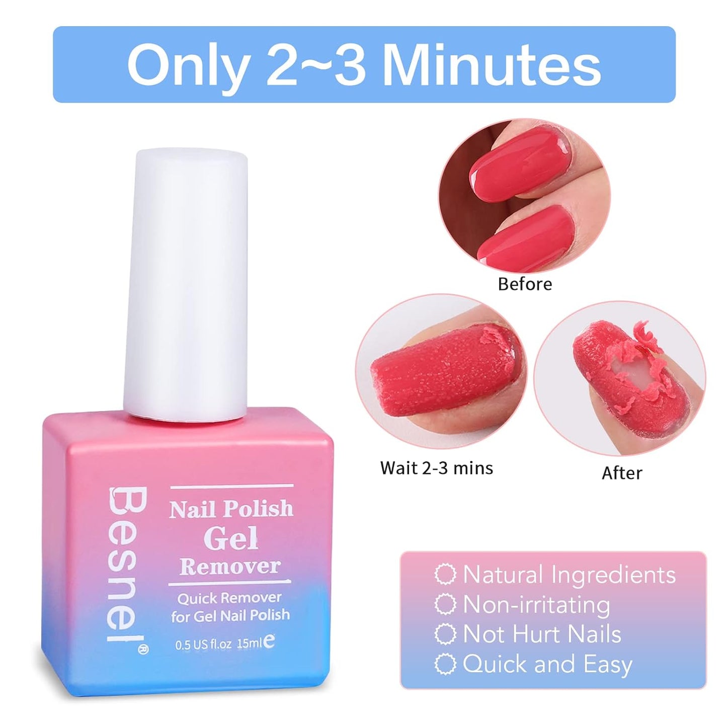 Gel Nail Polish Remover 5 Pack Professional Gel Polish Remover Non-Irritating Quick Easy,Nail Polish Gel Remover Tools Kit Nail File Cuticle Pusher Nail File Grit, No Need For Foil Soaking Or Wrapping-Velvo Beauty